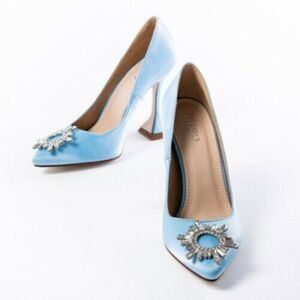 BEBO Heels‎ Elysia Court Shoe in Blue Satin Rhinestone Funnel Heel